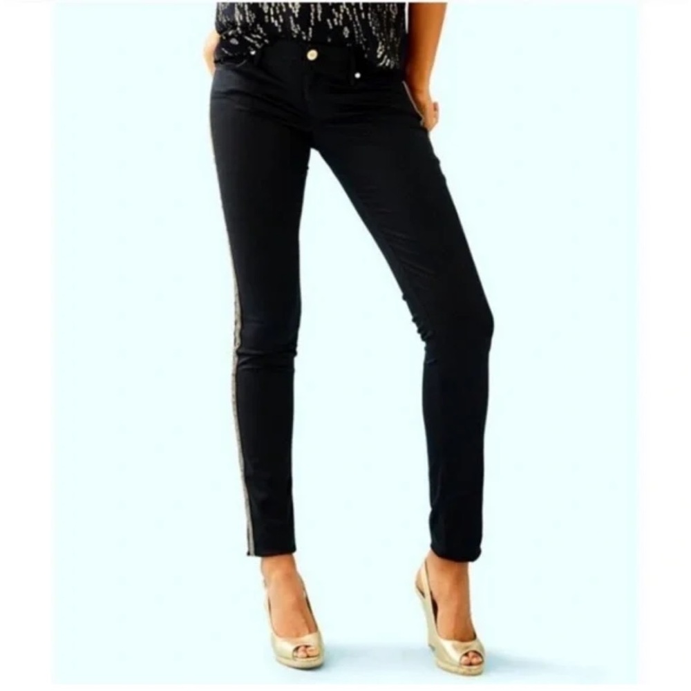 Lilly Pulitzer Worth Black Skinny Jeans Side Sequin Stripes NEW W2274 Size 10